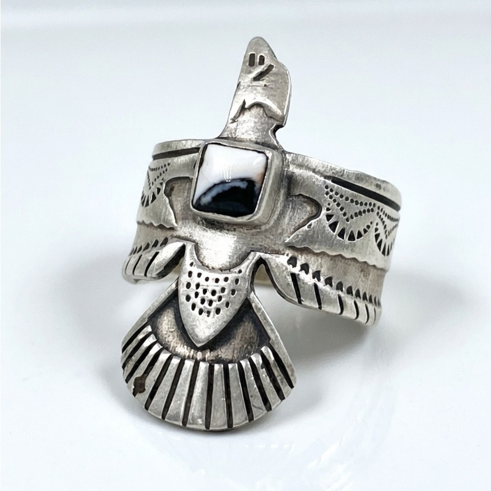 Solid Sterling Silver Southwestern Thunderbird Ring White Buffalo Size 7.75